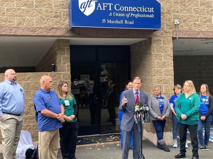 Blumenthal stood with nurses and healthcare professionals from Windham Community Memorial Hospital (WCMH) who have been protesting unfair labor conditions, including low pay, understaffed shifts, mandatory overtime and inadequate health care plans.
